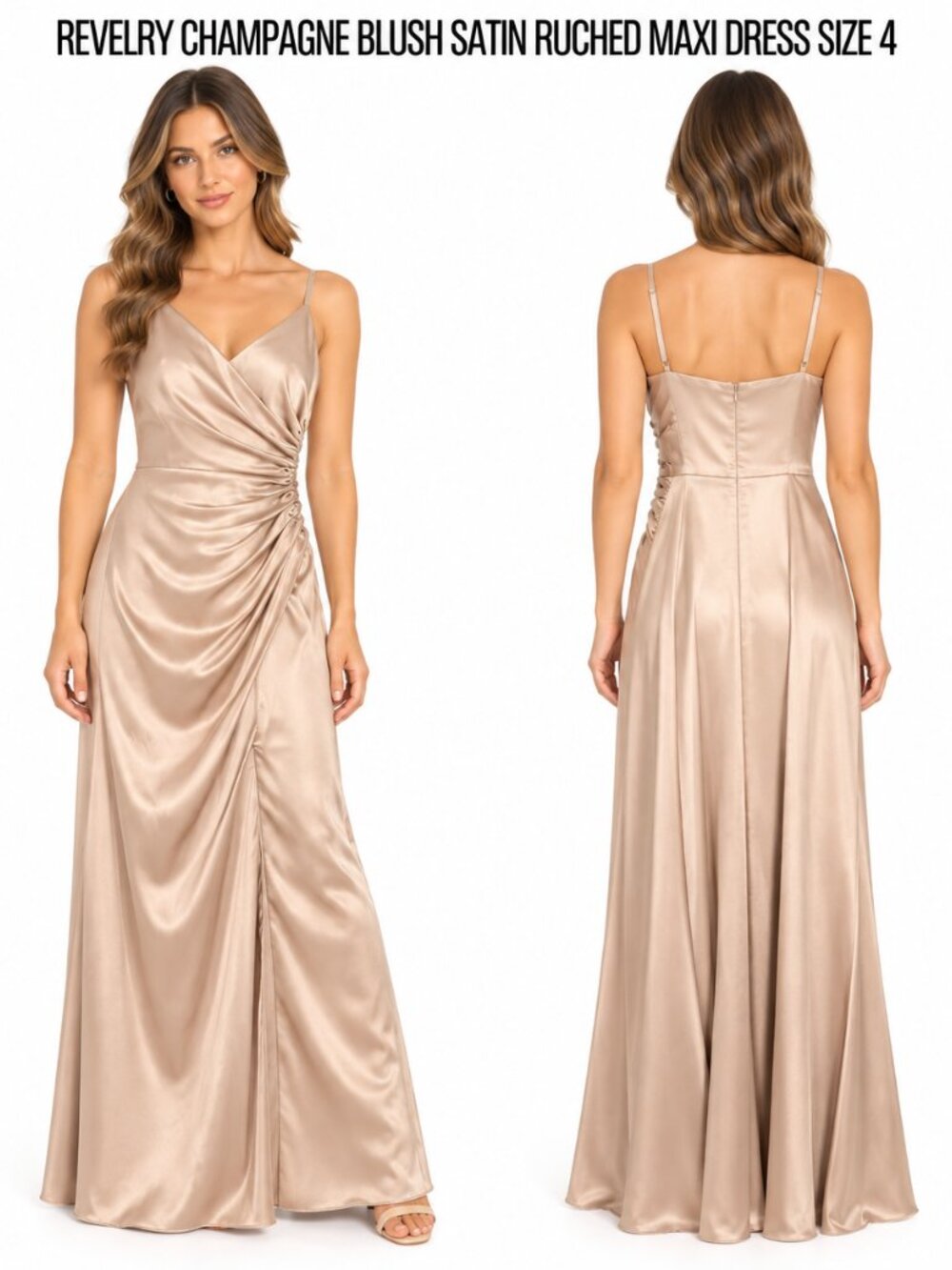 REVELRY CHAMPAGNE BLUSH SATIN RUCHED MAXI DRESS SIZE 4
